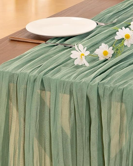Socomi Sage Green Cheesecloth Table Runner Christmas Boho Rustic Farmhouse Gauze 120 inch 10FT Cheese Cloth Runner for Wedding Party Baby Shower Birthday Home Decor Holiday Decorations