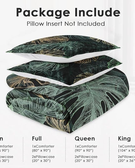 King Size Comforter Set with 2 Pillowcases, Green Tropical Leaves 3 Pcs Bedding for Kids and Adults, Monstera Palm Leaf Soft Comforter Set for Bedroom Bed Decor