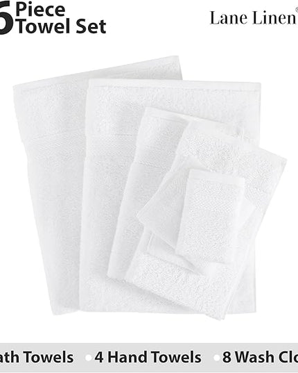 LANE LINEN 100% Mercerized Cotton Luxury Bathroom Towel Set - 16 Pcs - Super Soft, Fluffy & Highly Absorbent - 4 Bath Towels, 8 Washcloths, 4 Hand Towels - Complete Family Pack - White Bath Towel Set