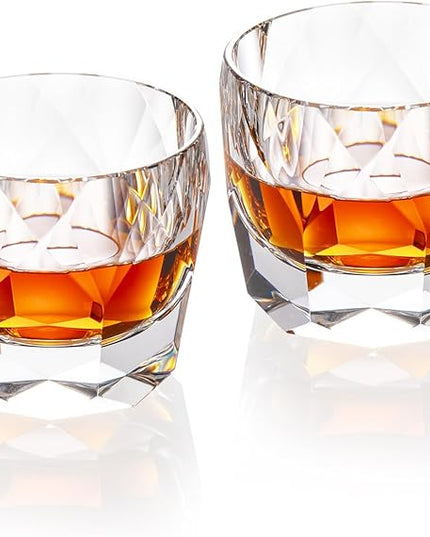 KAMMAK Crystal Whiskey Glasses Set of 2, 7.1oz Old Fashioned Glasses Stemless, Hand Blown White Cocktail Glasses, Luxury Handcrafted Cut Ice Ball Cup for Women, Perfect Men Gift for Bourbon