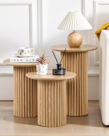 Round Nesting Coffee Table Set of 3,Mid Century Modern Fluted Coffee and End Table Set,Small Circle Wooden Side Table Drink Table for Living Room (Natural)
