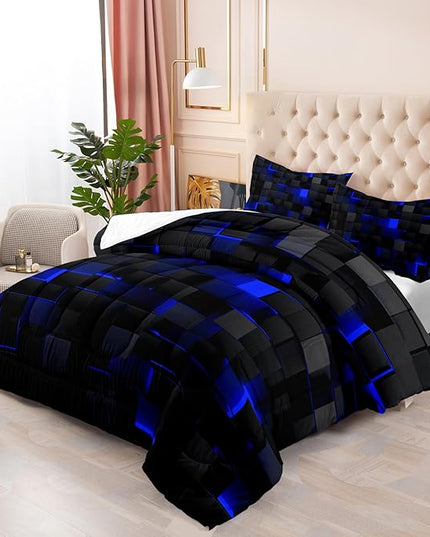 Geometric Blue Black Comforter Set,Light Honeycomb 3 Piece Bedding Set Queen Size for Teen Boys,Modern Quilt Set Geometry Decor,Microfiber Lightweight 1 Comforter 2 Pillowcases All Season