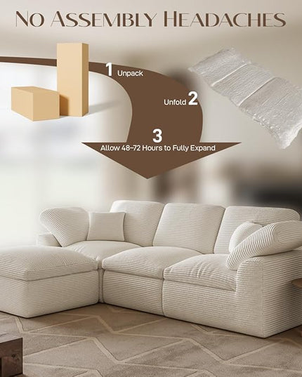 Cloud Sectional Couches for Living Room, L Shaped Modular Sectional Sofa with Ottoman, Convertible Corduroy Couch for Apartment, 4 Seater Boneless Comfy Cloud Sofa, No-Assembly, Cream