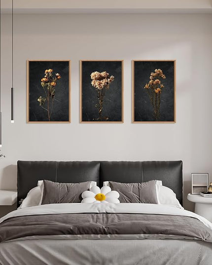 HOURIA Moody Boho Floral Framed Canvas Wall Art Set,Vintage Black Flower Wall Decor,Mid Century Minimalist Wildflower Artwork,Nature Retro Botanical Art Print for Living Room,Bedroom,Office- 16"x24"x3