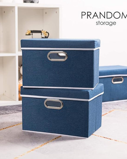 PRANDOM Collapsible Storage Bin with Lid [3-Pack] Fabric Foldable Storage Box Organizer Container Basket Cube with Cover for Home Bedroom Closet Office Nursery Royal Blue(14.9x9.8x9.8)