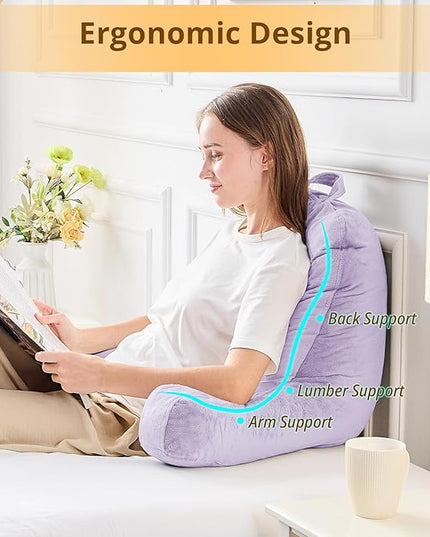 Sasttie Reading Pillow, Velvet Back Pillow for Bed Sitting Up, Adult Back-Rest Support Cushion with Arms for Sit Up on Couch, Sofa, and Floor, Dorm Essentials, Reading Accessories, Lavender