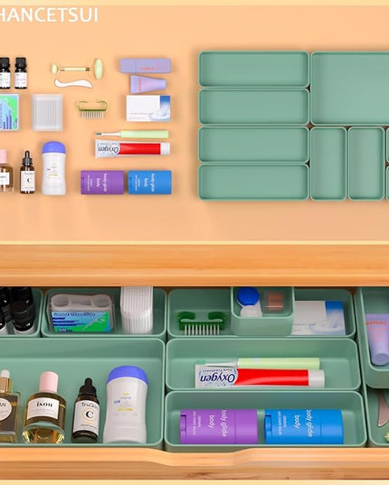 CHANCETSUI 9 Pcs Stackable Drawer Organizer Trays Set, Green, Multifunctional Storage for Vanity, Bathroom, Kitchen, Desk Drawer Organizer Office, PET Plastic