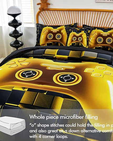 PERFEMET 6 Pieces Queen Bed in A Bag Gamer Black and Gold Boys Comforter Set with Sheets Soft Fluffy 3D Cool Video Game Kids Bedding Set for Teen Girls(Gold, Queen)