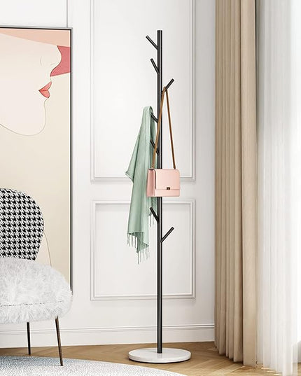 Black Metal Coat Rack, Freestanding with Hooks, Entryway Coat Rack Stand, Coat Racks with Marble Base, Coat Tree for Hanging Clothes, Hats, Bags