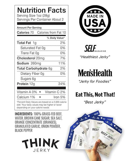 Think Jerky Classic Beef Jerky, Grass-Fed High Protein Beef Jerky, Gluten Free, No Antibiotics or Nitrates, Healthy Chef Crafted Recipe, Low Calorie and Low Fat - 2.2 oz Bags, 8 Pack