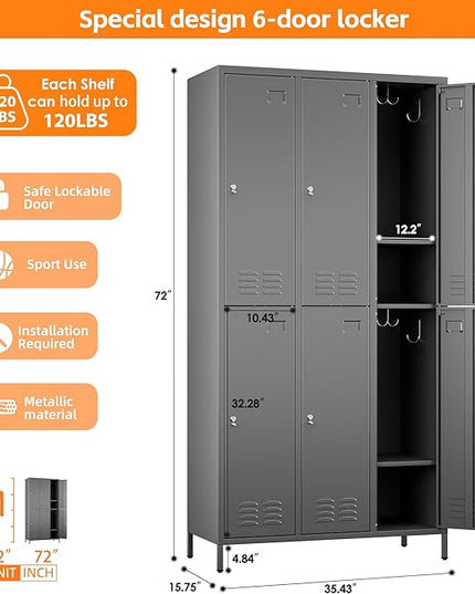 Aobabo Metal Locker for Employees, 6 Doors Metal Locker Cabinet with Lock, Industrial Storage with 18 Hooks, Storage for Office, Gym, Dormitory, Assembly Required, Dark Grey