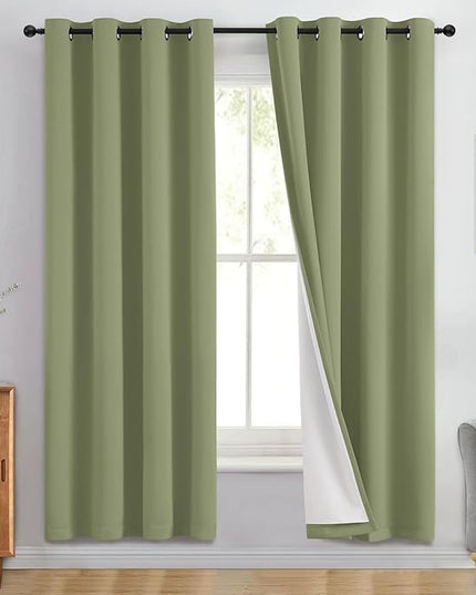Yakamok 100% Blackout Curtain Panels 72 inches Cold and Light Blocking Drapes for Nursery, 2 Thick Layers Thermal Insulated Draperies (2 Pieces, 50 Wide Each Panel, Sage Front with White Backing)