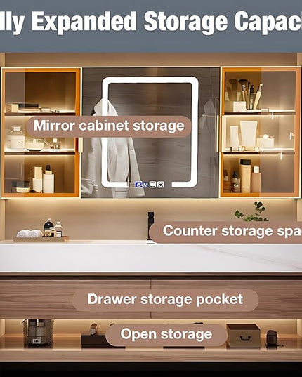 Single Sink Bathroom Vanity, Bathroom Cabinet has LED Lights Fog Mirror & Solid Wood Body, Glass Side Cabinet with Light (Light Brown, 56'')