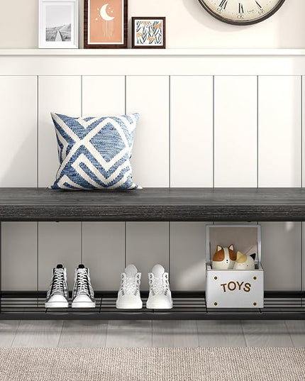 FOLUBAN Shoe Storage Bench, Modern Entryway Bench with Metal Shelf, Industrial Indoor Shoe Bench Seat for Bedroom, Hallway, Living Room, Dark Gray, 47 Inch