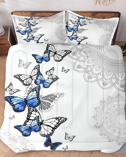 Full Size Comforter Set with 2 Pillowcases, Summer Spring Blue Butterfly 3 Pcs Bedding for Kids and Adults, Abstract Circular Mandala Floral Soft Comforter Set for Bedroom Bed Decor