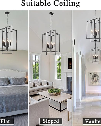 Black Farmhouse Chandelier, Extra Large Foyer Lighting Fixtures 14.17" Lantern Pendant Light, Industrial Foyer Chandelier for Staircase Entryway Hallway Kitchen, Lacquered Black 5 Lights