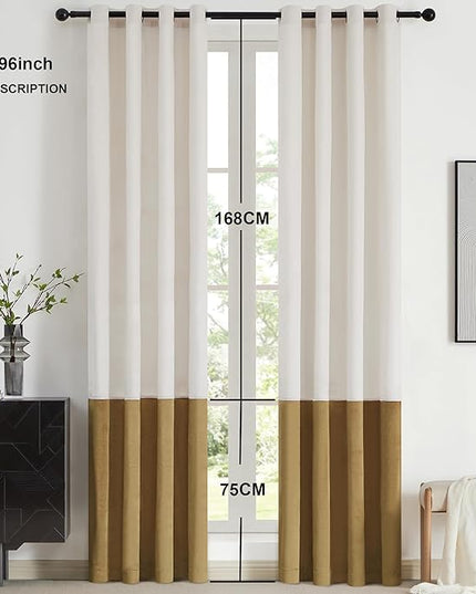 BULBUL Color Block Window Curtains Panels 96 inches Long Cream Ivory Gold Velvet Farmhouse Drapes for Bedroom Living Room Darkening Treatment with Grommet Set of 2