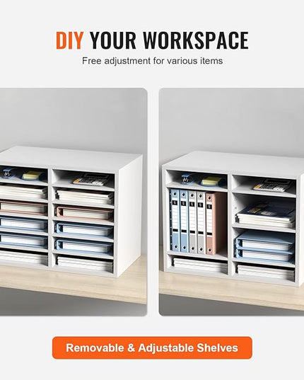 VEVOR Literature Organizers, 12 Compartments Office Mailbox with Adjustable Shelves, Wood Literature Sorter 20.4x12x16.1 inches for Office, Home, Classroom, Mailrooms Organization, EPA Certified White