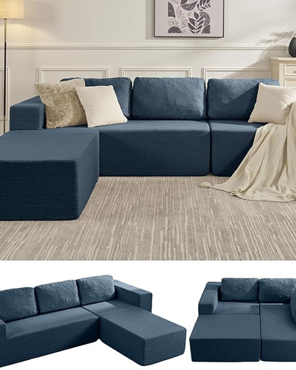 106" Modular Sectional Couch Left/Right Facing Convertible, L-Shape Modern Teddy Sofa, Deep Seat Upholstered Foam Couch for Living Room Bedroom, No Assembly Required (Blue, Teddy Boucle)