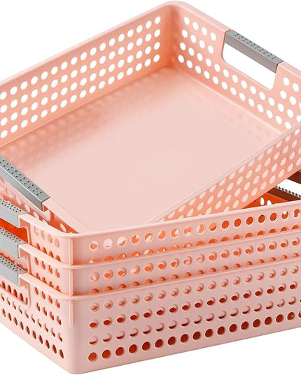 4 Pack Turn in Trays Classroom, Classroom Organization, Plastic Storage Paper Tray Holds, Storage Baskets with Handles, Paper Trays for Classroom Office Home Drawers, Pink