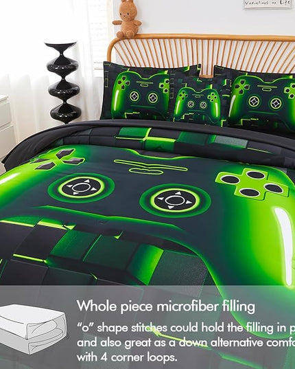 PERFEMET 6 Pcs Gaming Bedding Set Queen Size Green Game Console Kids Bed in A Bag 3D Black Gamer Comforter Set with Sheets for Boys Teen Lightweight Video Gamepad Bedroom Set(Green, Queen)