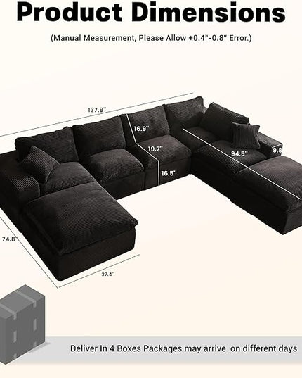 137.8” Sectional Couches for Living Room, Cloud Couch, Modular Sectional Sofa, Convertible Sofas Bed, Deep Seat Sofa, Sleeper Sofa Full Size, Corduroy, Black