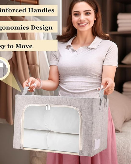 combocube 3-Side Zippered Openings Clothes Storage Bins with Thick Metal Frame, Stackable & Foldable Clothing Storage Bins with Lid, Linen Fabric Closet Storage Box with Large Clear Window, 3 Pack
