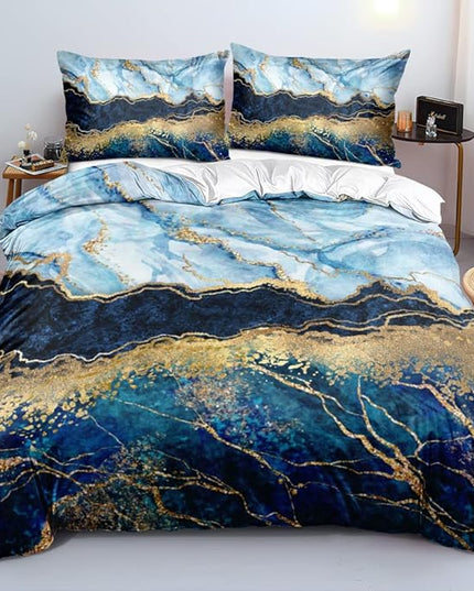Royal Blue Marble Duvet Cover Set Full Size Sequin Gold Bedding Comforter Covers with 2 Pillow Shams Breathable Durable Soft Comfy