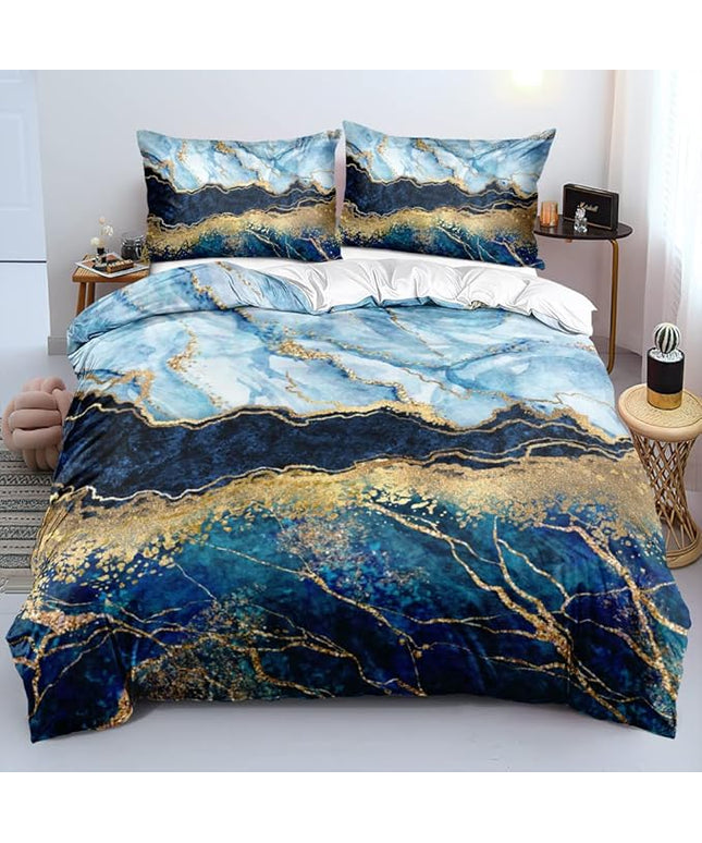 Royal Blue Marble Duvet Cover Set King Size Sequin Gold Bedding Comforter Covers with 2 Pillow Shams Breathable Durable Soft Comfy