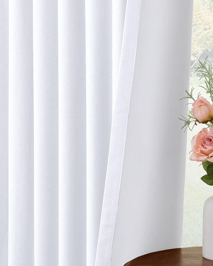 INOVADAY 100% Blackout Curtains for Bedroom, Black Out Curtains 63 Inch Long, Clip Rings Linen Blackout Drapes, Thermal Insulated Room Darkening for Living Room, 2 Panels - Brightwhite,W50xL63