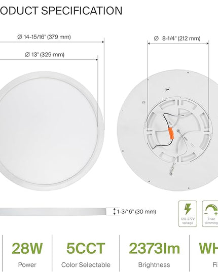 ASD LED 15" Round Flush Mount Ceiling Light Fixture, Low Profile Surface Lighting | 5CCT, Dimmable, Ultra-Thin, ETL Listed | 28W 2300LM 2700-6000K 100-277V | Kitchen, Bedroom, Hallway Lamp | White
