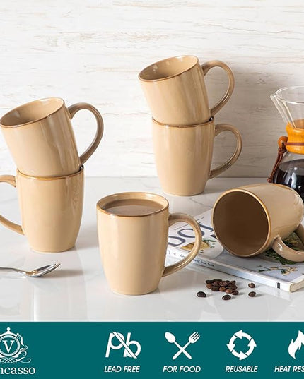 vancasso PLAYA Ceramic Coffee Mug Set of 6, 16 Oz Tea Cups with Handle for Latte, Tea, Cappuccino, Milk, Cocoa, Microwave&Dishwasher Safe, Brown