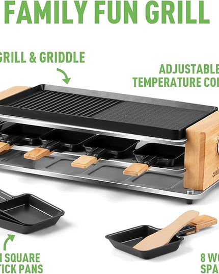 CUSIMAX Electric Grill Raclette Table Grill, 2 in 1 Indoor Grill with Non-Stick Grill & Griddle Plate, Raclette Grill with Wooden frame, 8 Cheese Pans & Wooden Spatulas, Three-Layer Korean BBQ Grill
