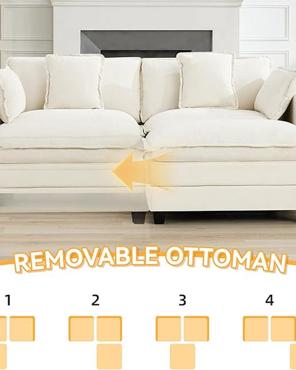 76'' Cloud Deep Seat Loveseat Sofa, Upholstered Chenille Modular 3-Seats Sectional Sofa Couch with Movable Ottoman, Modern Comfy Settee Loveseat for Living Room Set, Small Apartment, Beige