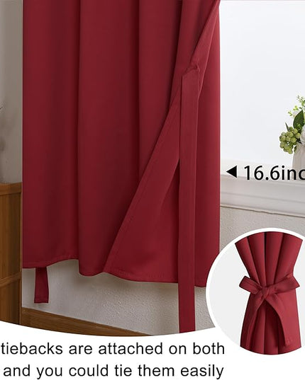 JIUZHEN Short Curtains Kitchen Half Window Blackout Curtains with Tiebacks for Baseroom Shadows, Grommet Curtains for Living Room, Set of 2 Window Curtain Panels, 42 x 30 Inch Length，Red