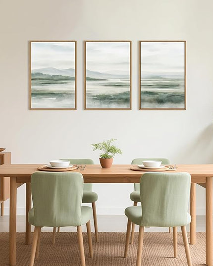 HOURIA Large Watercolor Misty Green Mountain Framed Canvas Wall Art,Neutral Brush Stroke Wall Decor,Modern Landscape Artwork,Nature Minimalist Art Print for Living Room,Bedroom,Office-24 x36 x3
