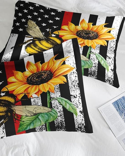 Comforter Set Full Size, Honey Bee Vintage 7 Pcs Bedding for Kids and Adults, Sunflower Flower Sun Bed Sheet Sets with Fitted Sheet 2 Pillowcases & 2 Shams for Bedroom Bed Decor