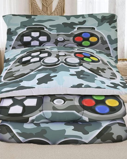 Sunnycitron Camo Grey Gamepad Gamer Comforter Set for Boys Gaming Bedding Set Teens Game Room Decor Twin (1 Comforter + 2 Pillowcase)
