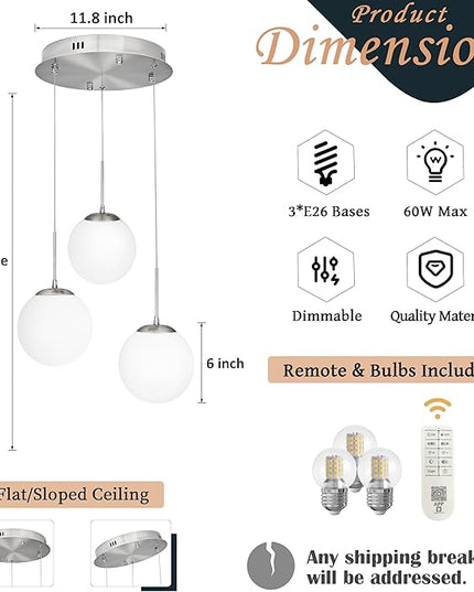 KoKo&Yukina 3-Light Globe Glass Pendant Light Modern Nickel Glass Chandelier Adjustable Length Pendant Lights Fixtures with Milky White Globe Ceiling Light for Kitchen Island (Bulb & Remote Incl.)