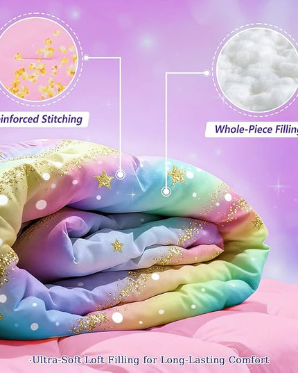 Rainbow Bedding Set Queen Size – 6-Piece Reversible Girls Comforter with Deep-Pocket Sheet, Gradient Galaxy Design, Whole-Piece Filling, Machine Washable Bed-in-a-Bag for Kids Room Makeover & Gifts