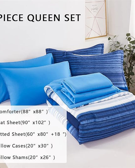 KAKIJUMN 7 Piece Bed in a Bag Stripe Comforter Set Queen Size, White and Blue Patchwork Striped Comforter and Sheet Set, All Season Soft Microfiber Complete Bedding Sets(Blue,Queen)
