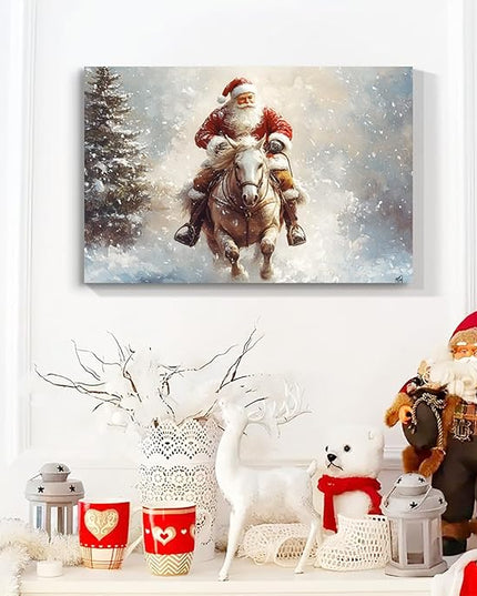 YONICA Christmas Wall Decor Santa Canvas Wall Art Home Decorations 46x36 Inches - Santa Pictures Santa Claus Riding a Horse Christmas Pine Tree Prints Winter Painting Xmas Artworks for Living Room
