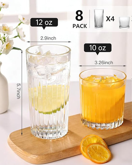 Laerjin Drinking Glasses Set of 8, 12 oz Highball Glasses & 10 oz Cocktail Glasses Set, Ribbed Glass Cups,Thick Glass Cups, Kitchen Water Glasses Cup, Bar Tumbler Glassware for Beer, Whiskey(Clear)