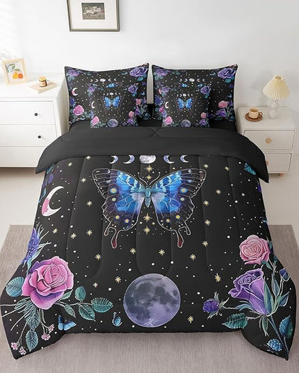 Feelyou Boys Girls Blue Moth 7 Pieces Bedding Sets Full Size, Boho Aesthetic Bed in A Bag Star Moon Comforter Set with Sheets Kids Flower Teens Bed Set Room Decor