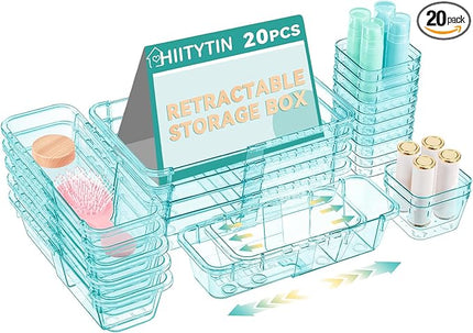 20 Pcs Adjustable Clear Drawer Organizer, Extendable Vanity Storage Bins, Desk Drawer Organizer Set for Makeup, Cosmetics, Bedroom, and Gadgets, Blue