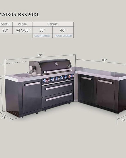 Mont Alpi MAi805-BSS90XL 6-Burner 94"x88" L-shaped Premium Black Stainless Steel Outdoor Kitchen Island BBQ Gas Grill with Infrared Side & Rear Burners + Granite Countertops + Full Cover + Rotisserie