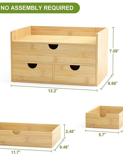 Wisuce Bamboo Desk Organizer - Mini Bamboo Desk Drawer Tabletop Cosmetic Storage Organization for Office or Home (Nature 3 Drawers)