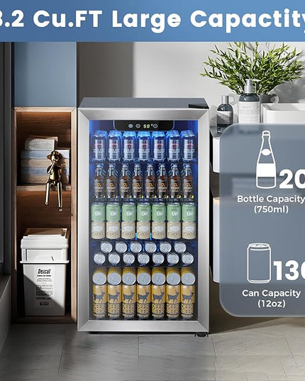 Mini Fridge 130 Can Beverage Refrigerator Cooler, 3.2 Cu.Ft Drink Fridge forSoda Wine Beer, Digital Temperature Control Cooler for Home, Dorm, Bar