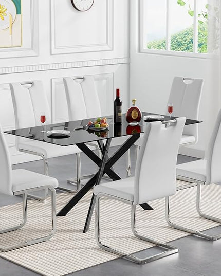7 Piece Glass Dining Table Set, Glass Kitchen Dining Room Table Set for 6, Modern 51" Rectangular Black Glass Metal Dining Table with 6 White Leather Dining Chairs for Kitchen Dining Room