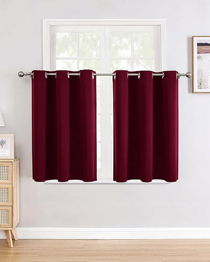 ChrisDowa Small Window Curtains for Kitchen and Bedroom - Grommet Short Thermal Insulated Room Darkening Curtains (2 Panels, Burgundy Red, 52 x 36 Inch)